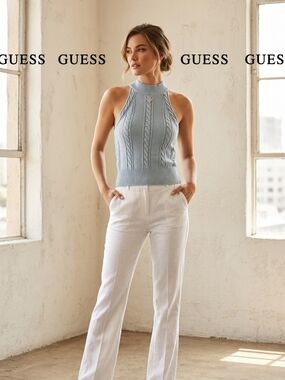Guess Light Blue Cable-Knit Halter Sweater Tank